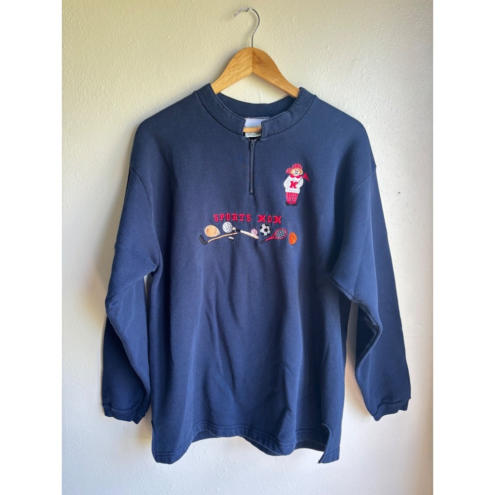 Mz Energy Sportswear Vintage 90s Sports Mom Embroidered Quarter Zip Navy Large